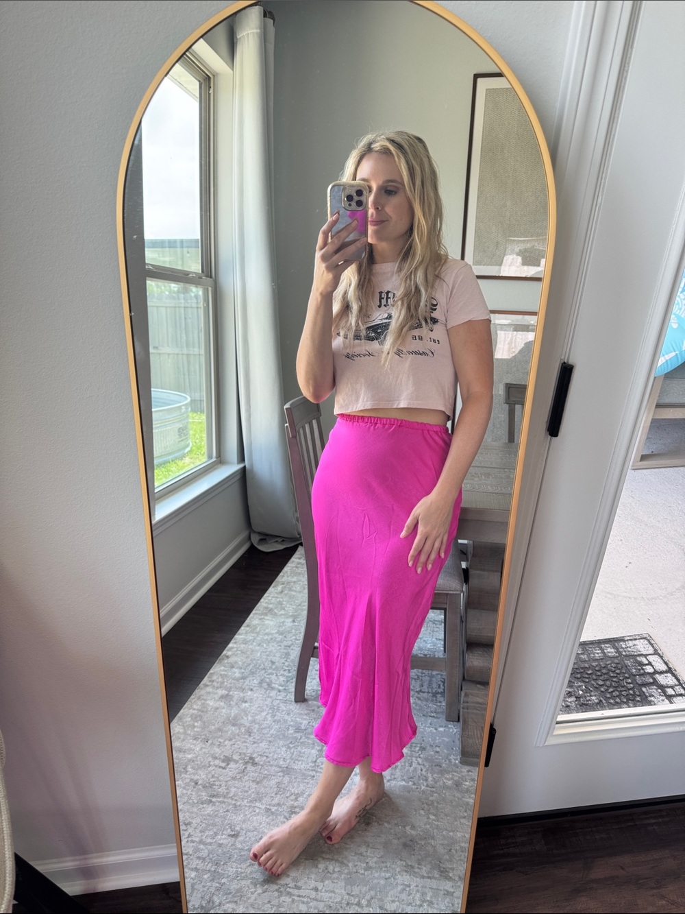 Neon Barbie Hot Pink Women's Satin Midi Slide Slit Skirt - Picture 11 of 16